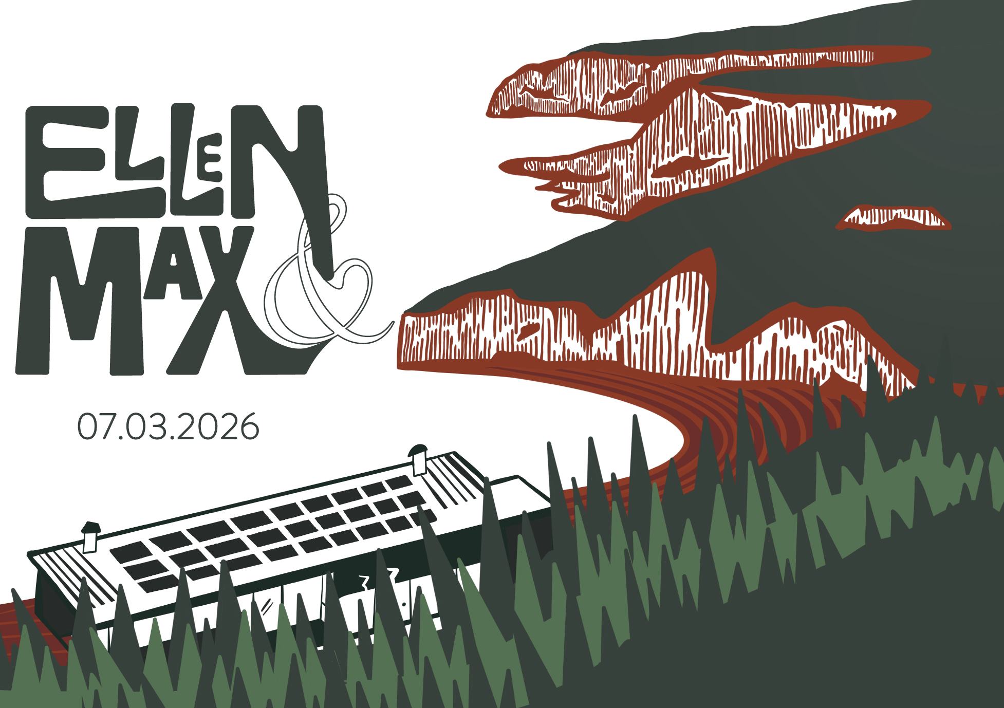 Illustration of a landscape with mountains, forests, and rooftops, with the text 'Ellen & Max' and a date '07.03.2026'.
