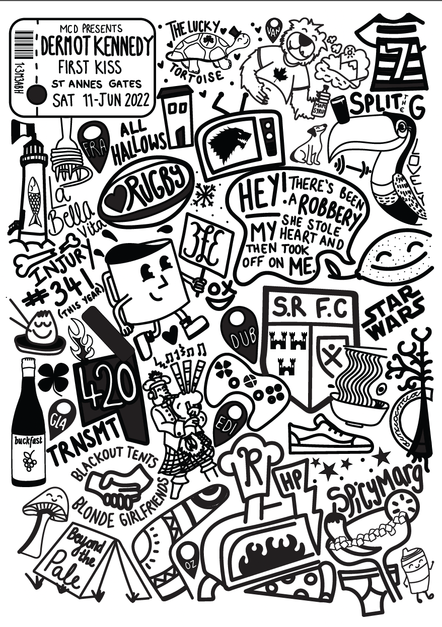 Black and white collage of various doodles, symbols, and text, including event details for Dermot Kennedy's first kiss concert on June 11, 2022, and themed illustrations of animals, pop culture references, and personal notes.