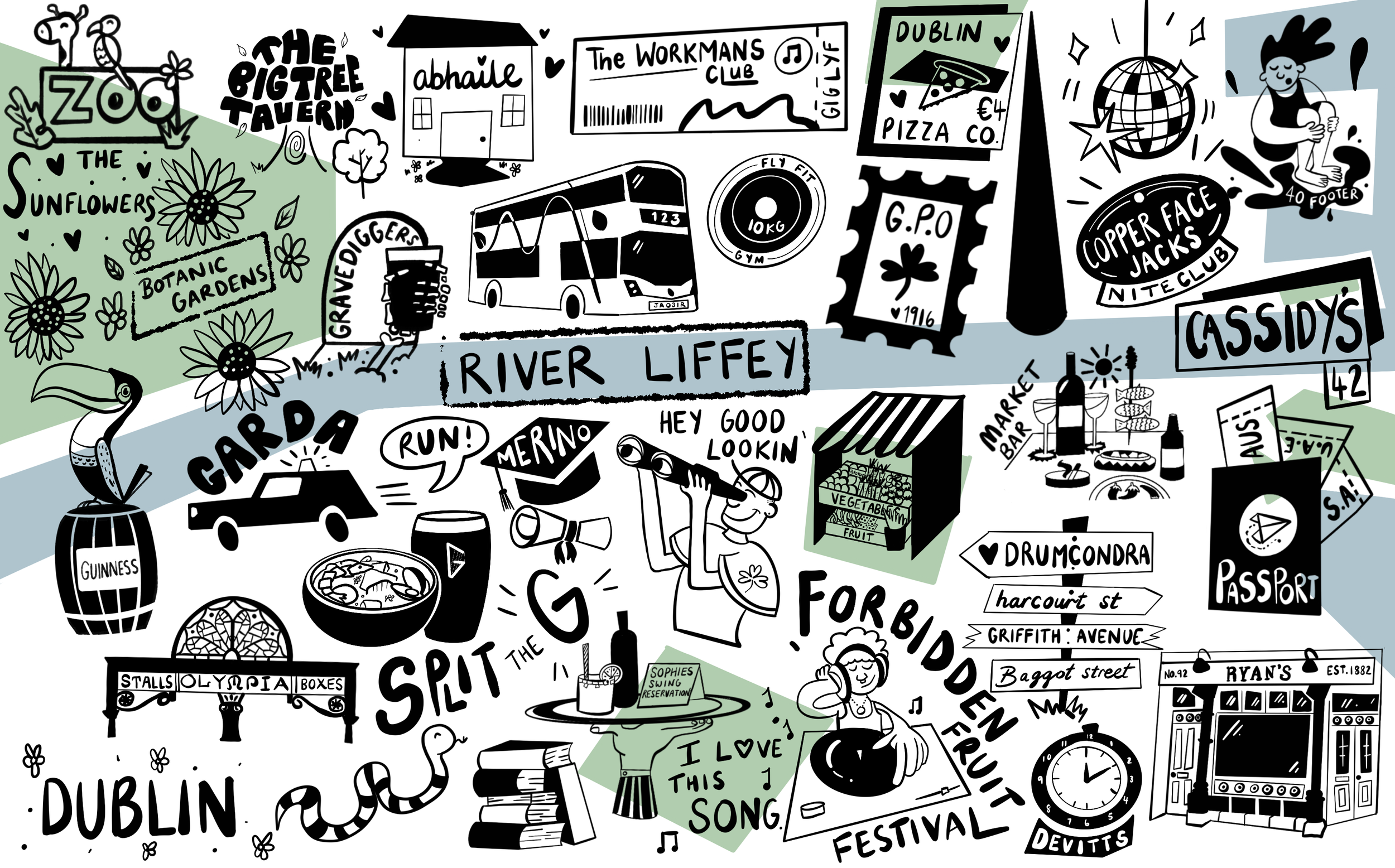 A collage of black and white illustrations and text depicting various Dublin landmarks, events, and cultural icons, such as botanic gardens, a bus, a guitar, a clock, pub scenes, and local street names.