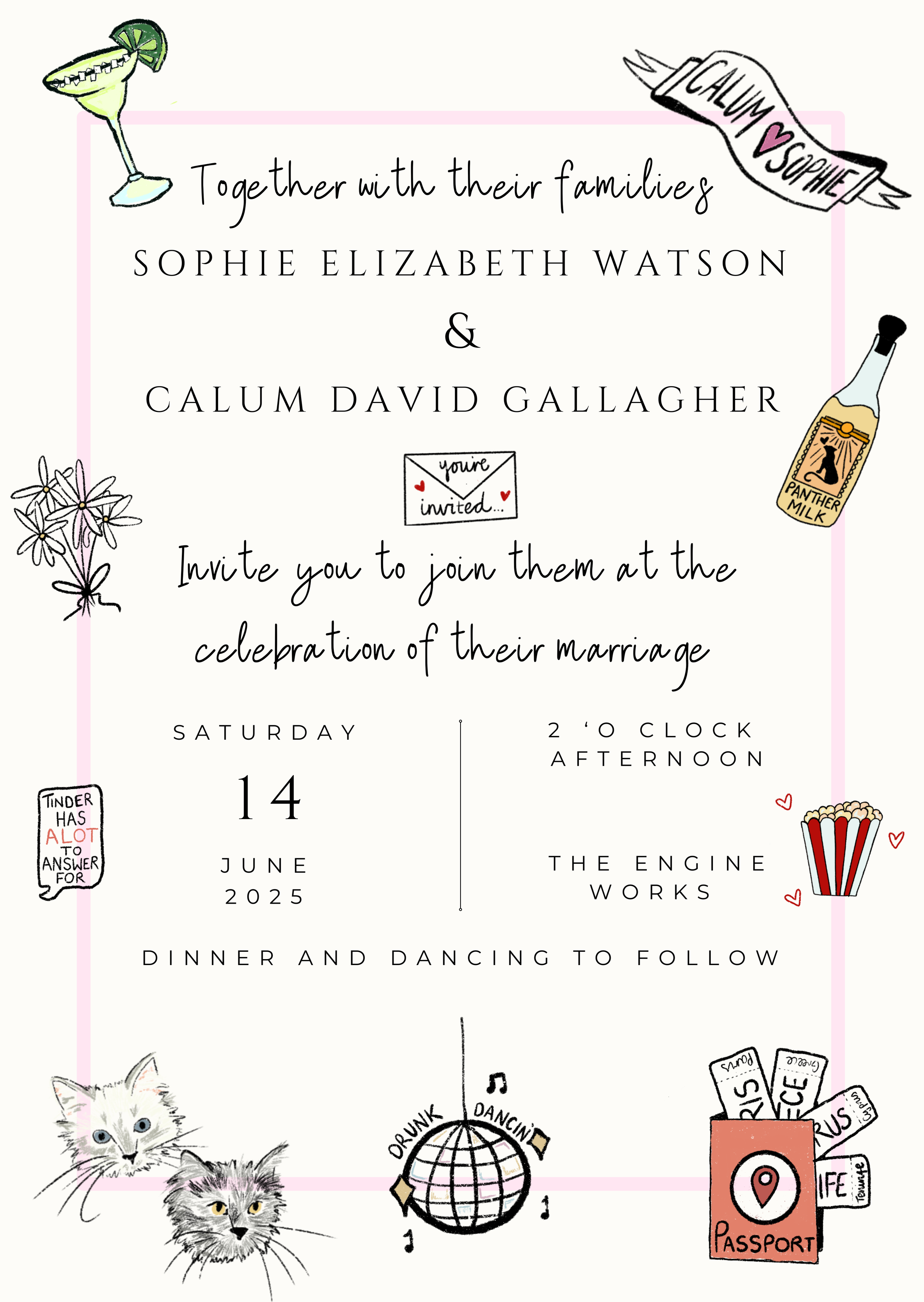 Wedding invitation with illustrations of a cocktail glass, flowers, cats, a globe with dancing music notes, popcorn, and travel tags, including a passport and snacks, with text inviting to a wedding celebration on June 14, 2025.