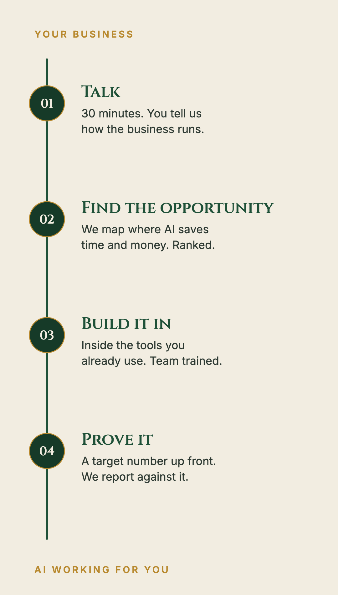 How Solairtis works in four steps: talk, find the opportunity, build it in, prove it.