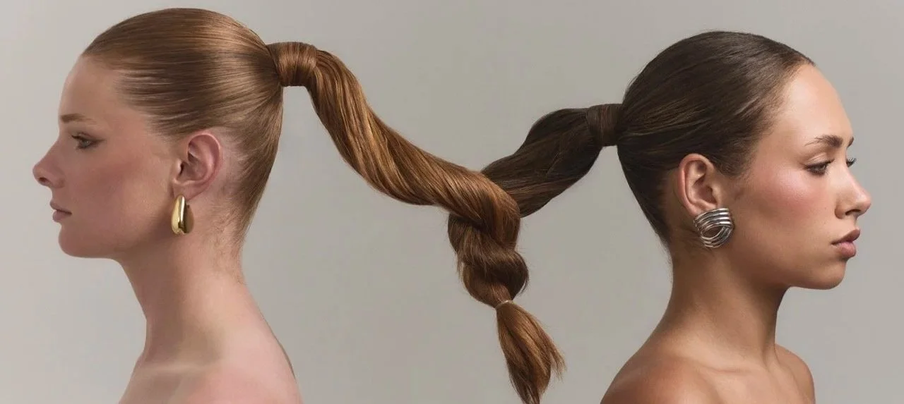 Two women with their hair styled to form a connected, continuous braid between their heads, both facing opposite directions.