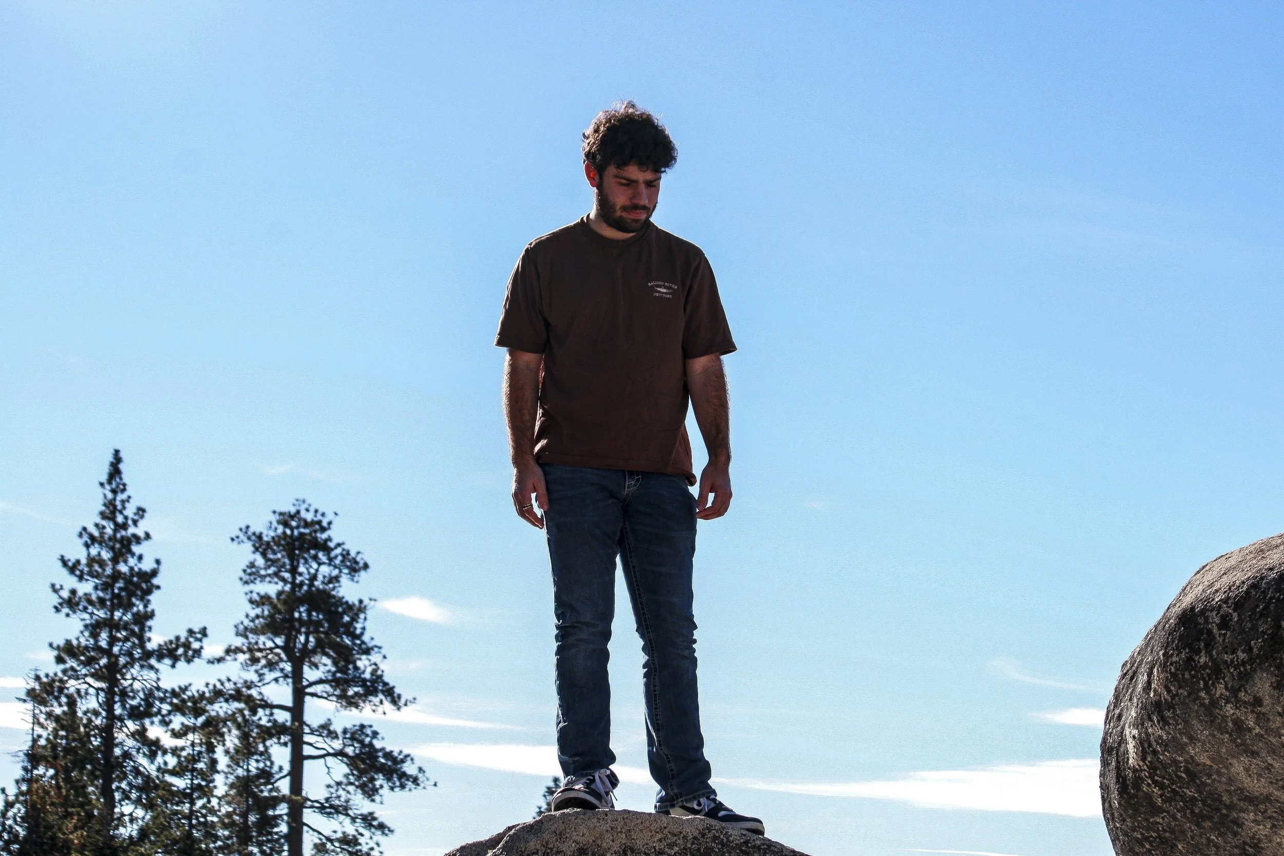 A man with curly hair and a beard wearing a brown t-shirt and jeans standing on a large rock outdoors with pine trees and a blue sky in the background.