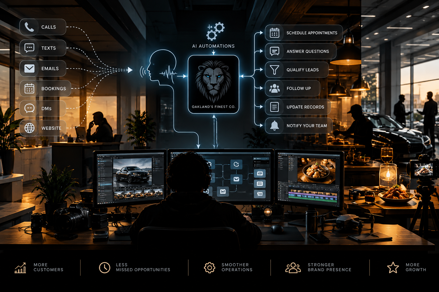 A person working on a computer with multiple monitors in a modern office, analyzing digital marketing automation flowcharts and icons related to customer engagement and AI automation, with a city view through large windows.