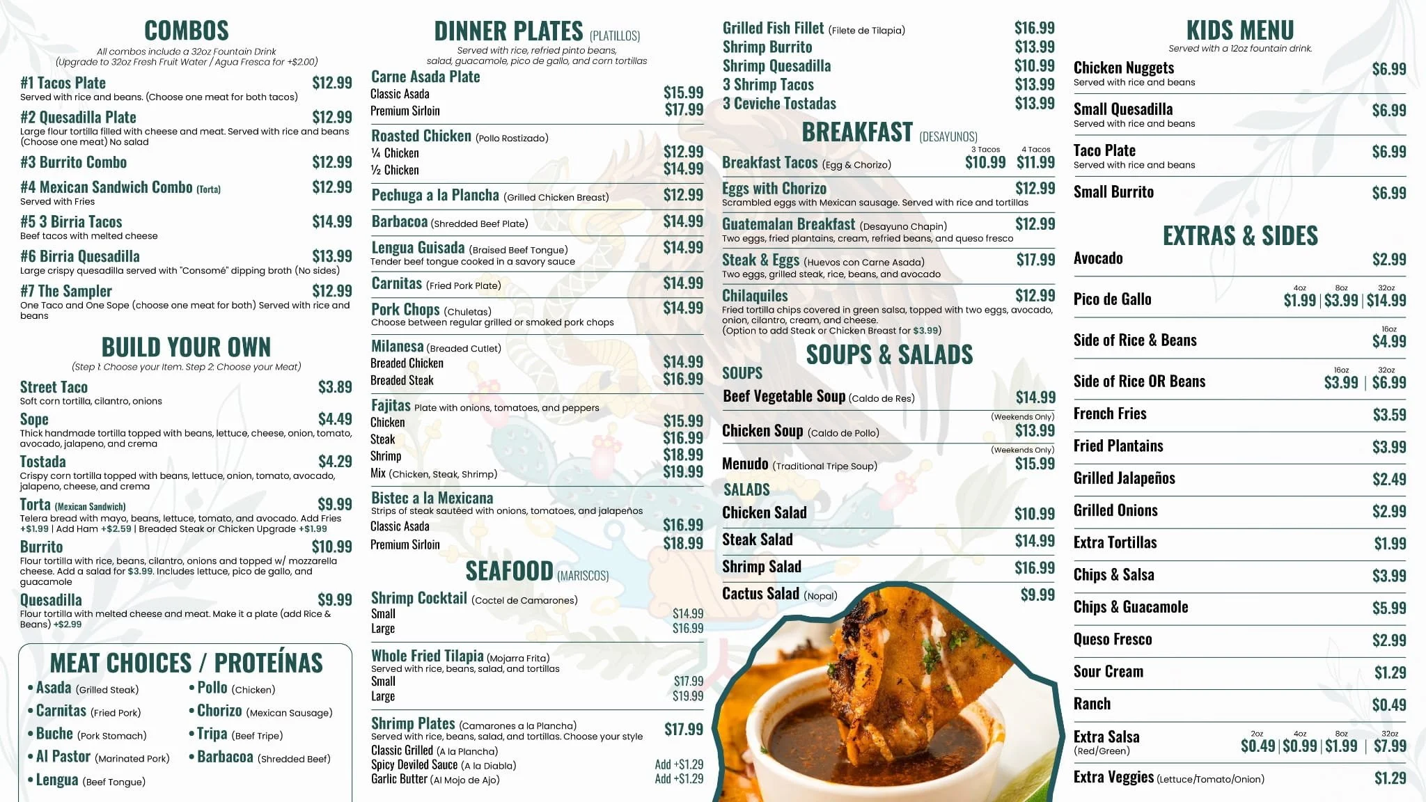 A Mexican restaurant menu with sections for combos, build your own, dinner plates, seafood, breakfast, soups and salads, kids menu, and extras & sides, listing various food items and prices.
