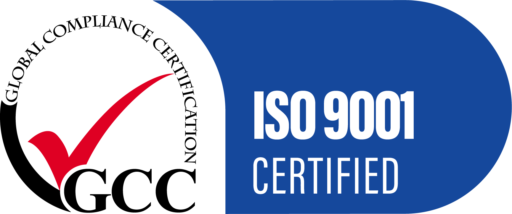 ISO 9001 Certified logo with a red checkmark on a white background