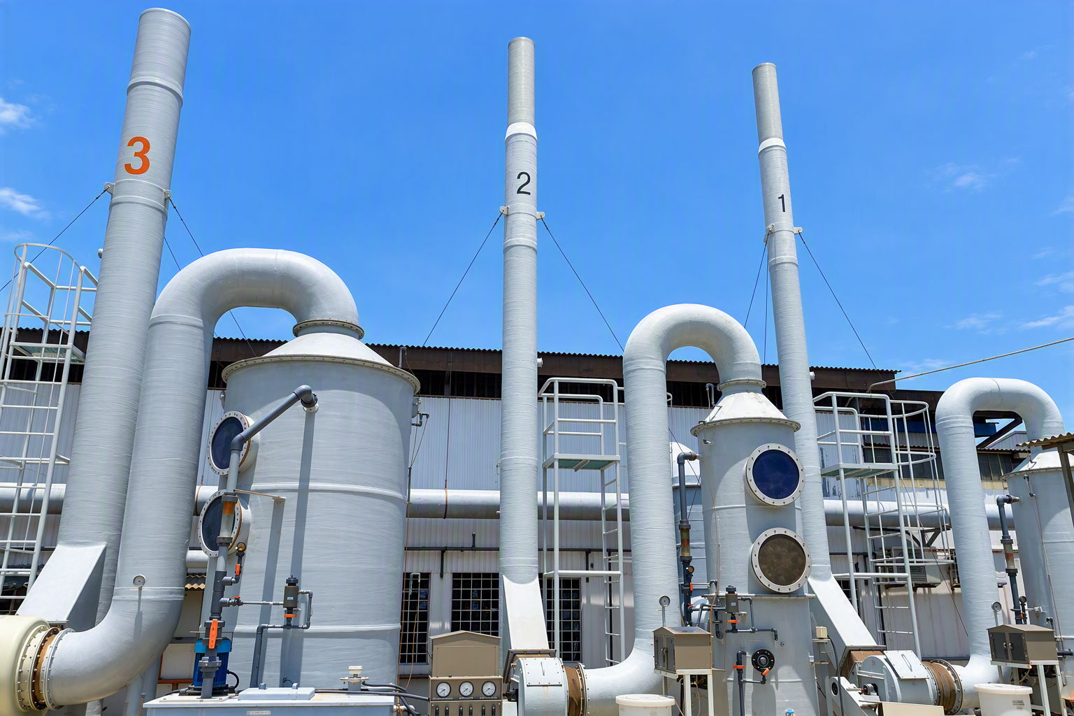 Industrial piping system with multiple large white pipes, vents, gauges, and control boxes against a blue sky.