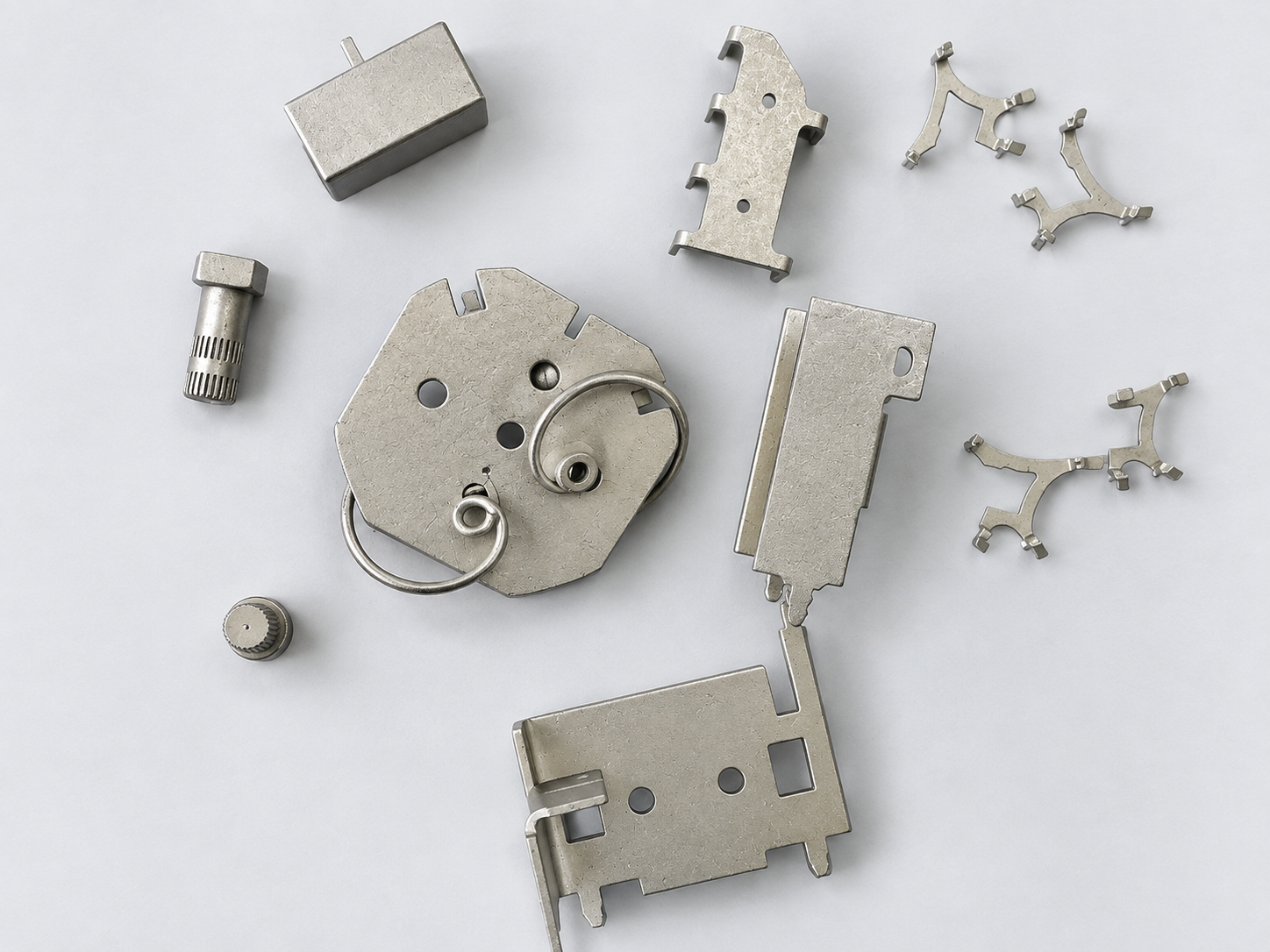 Various metal mechanical parts arranged on a plain white surface, including gears, brackets, and other components.