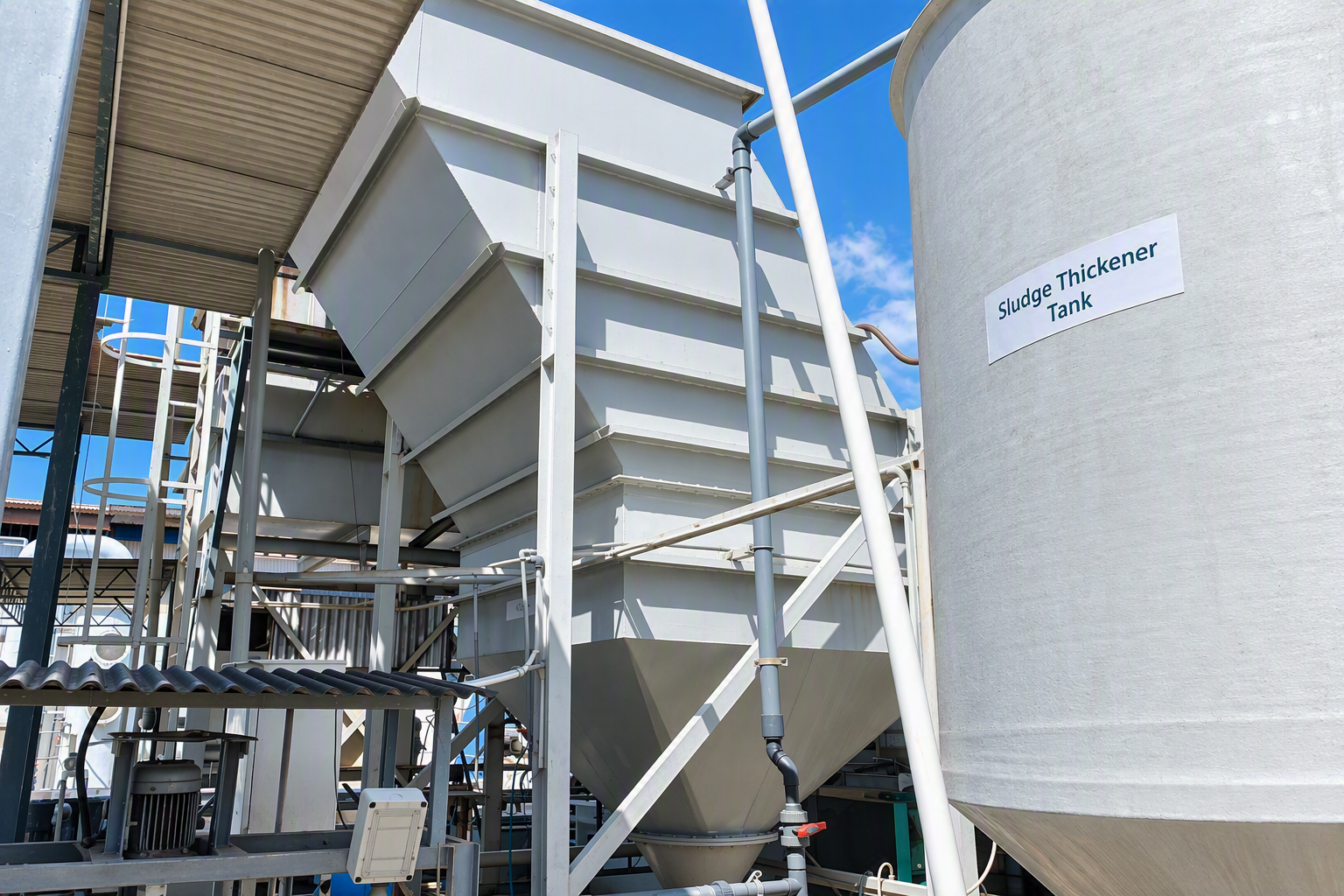 Industrial site with a large, white sludge thickener tank labeled 'Sludge Thickener Tank' and metal piping for wastewater treatment.