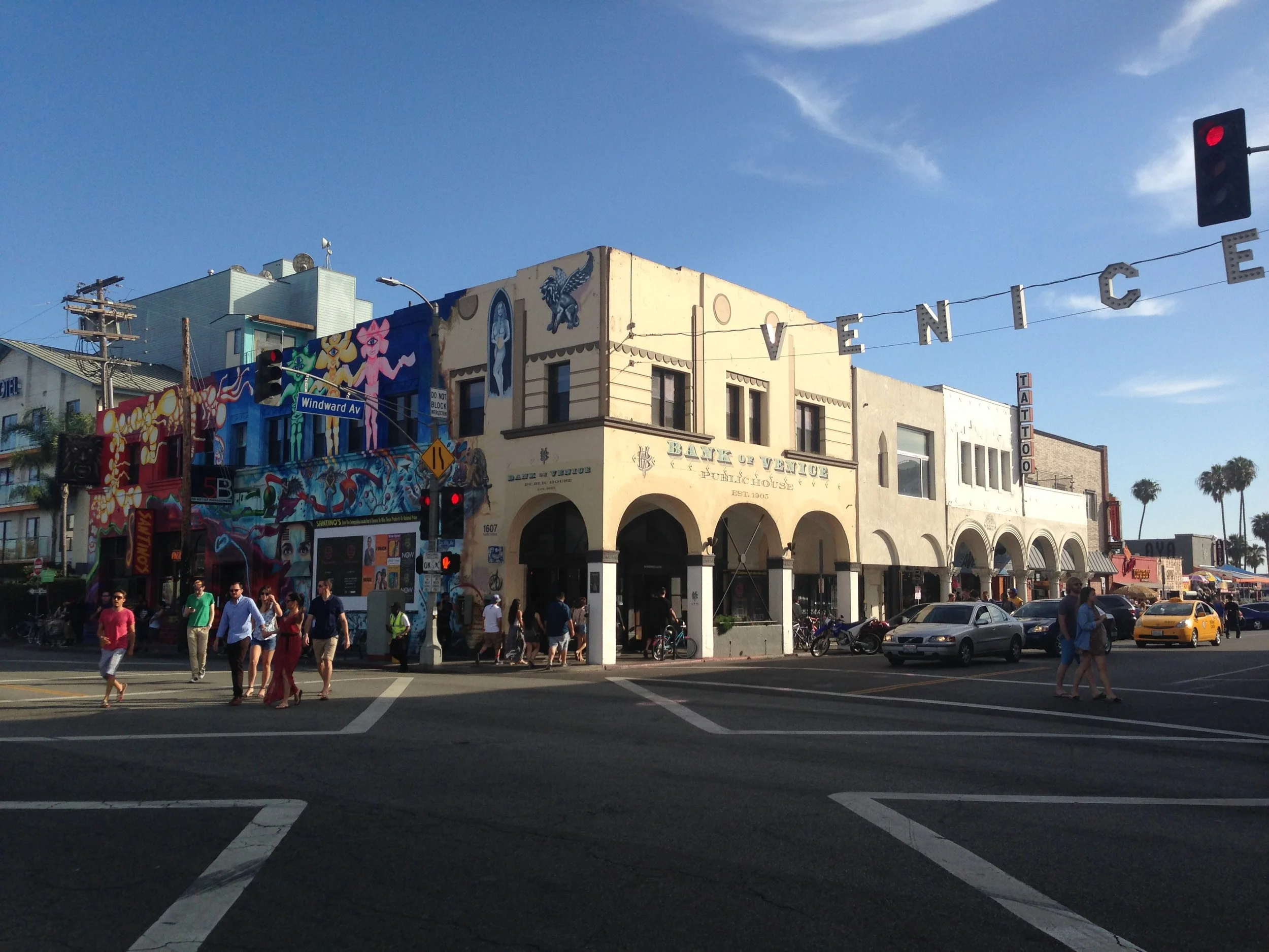 The VENICE sign hanging over the intersection of Windward and Pacific Avenues in Venice Beach