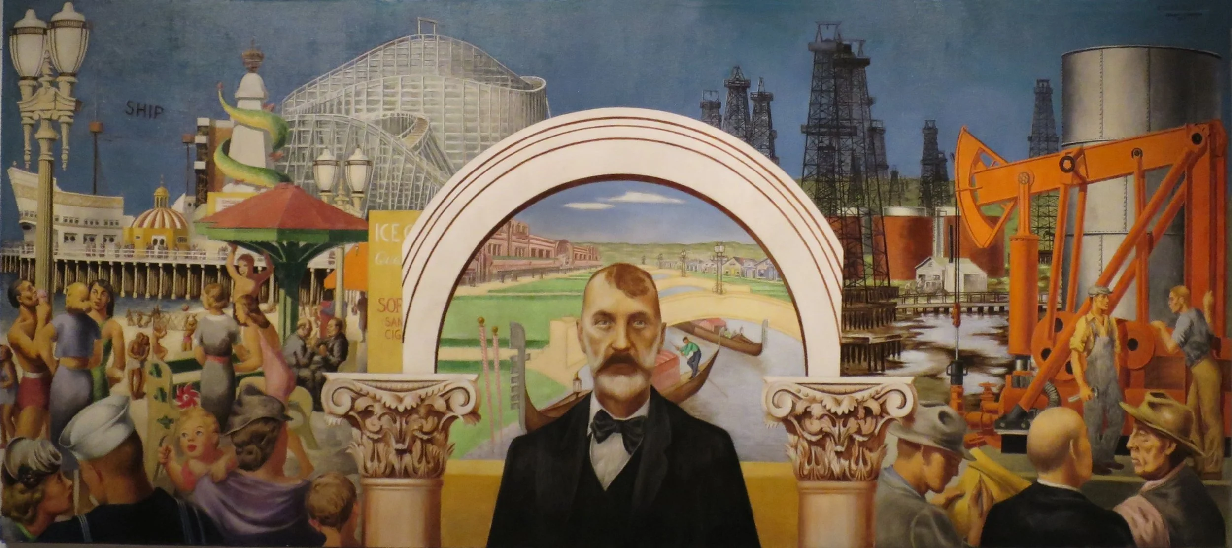 Detail of Edward Biberman's 1941 mural "Abbot Kinney and the Story of Venice," painted for the Venice Post Office on Windward Circle. U.S. Treasury Department commission. Public domain.