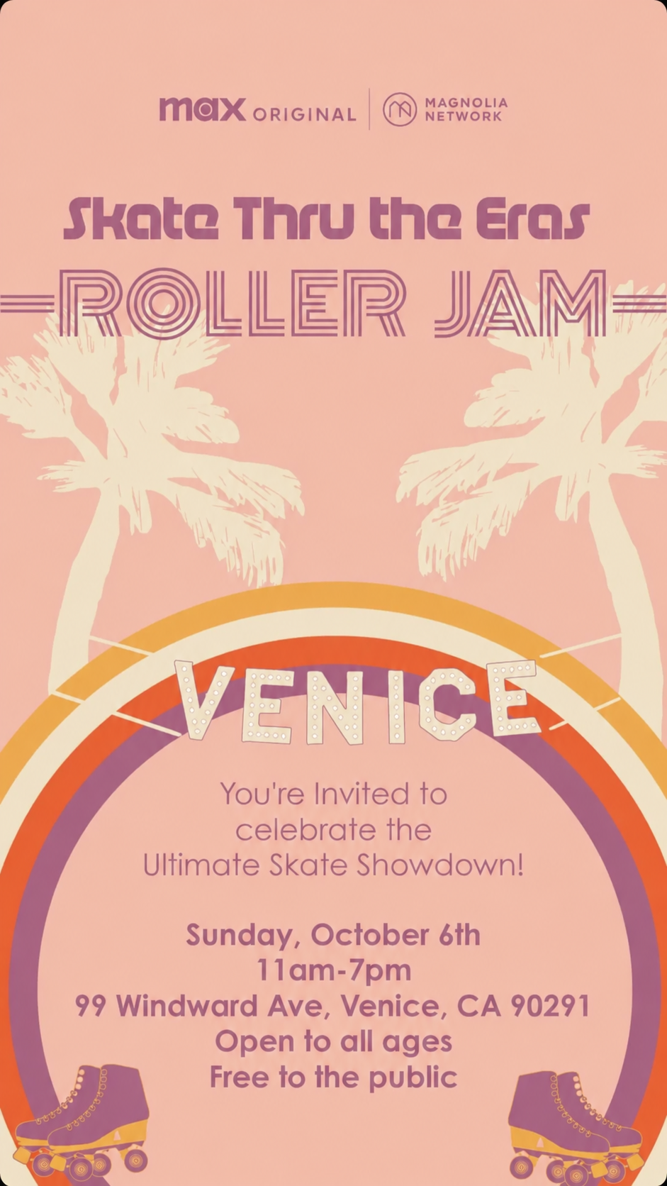 A flyer for the Roller Jam event under the Venice Sign