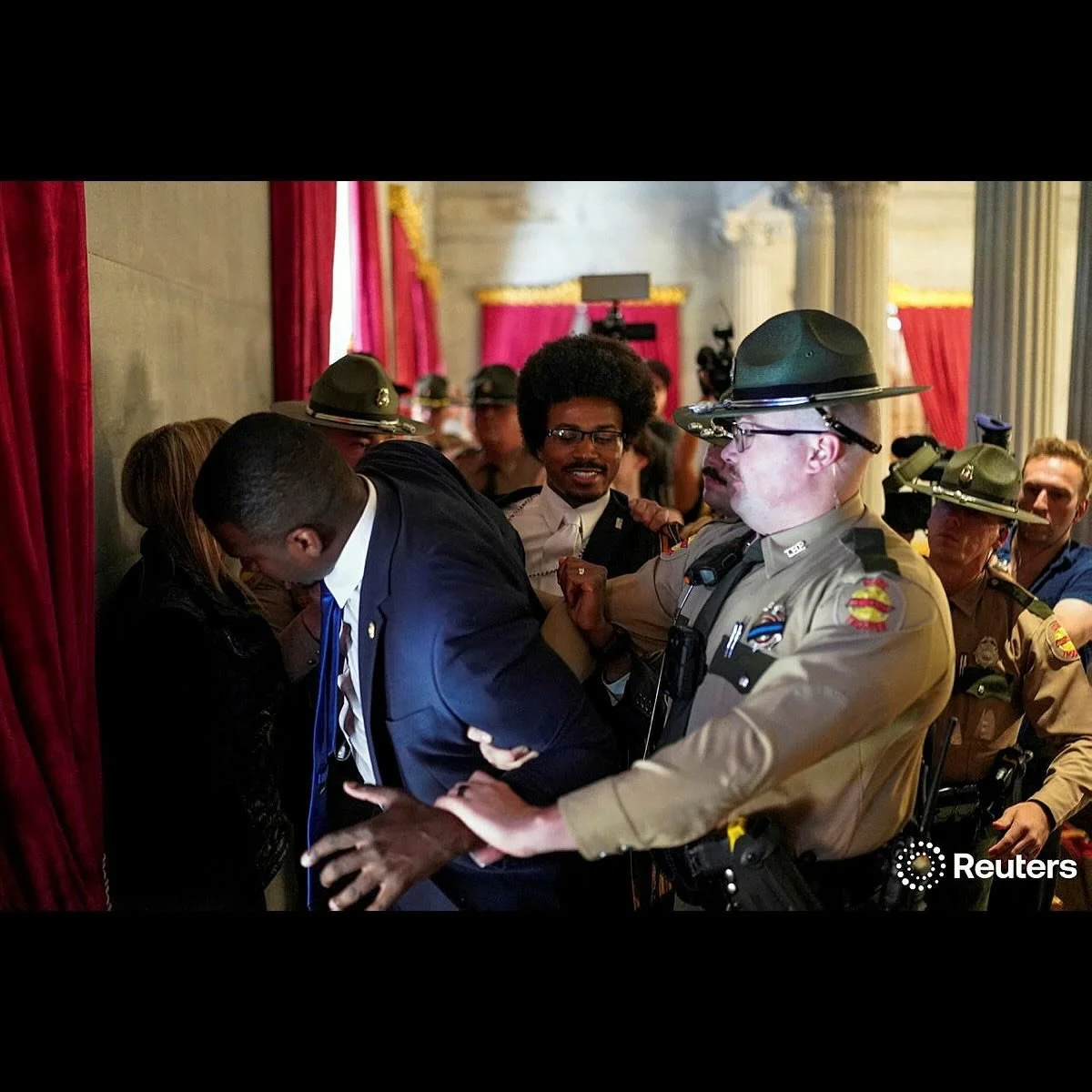Democratic state representative Justin J. Pearson&rsquo;s brother KeShaun Pearson is arrested and removed from the gallery after not vacating at the order of Republican Speaker of the House Camron Sexton as people gathered to protest against efforts 