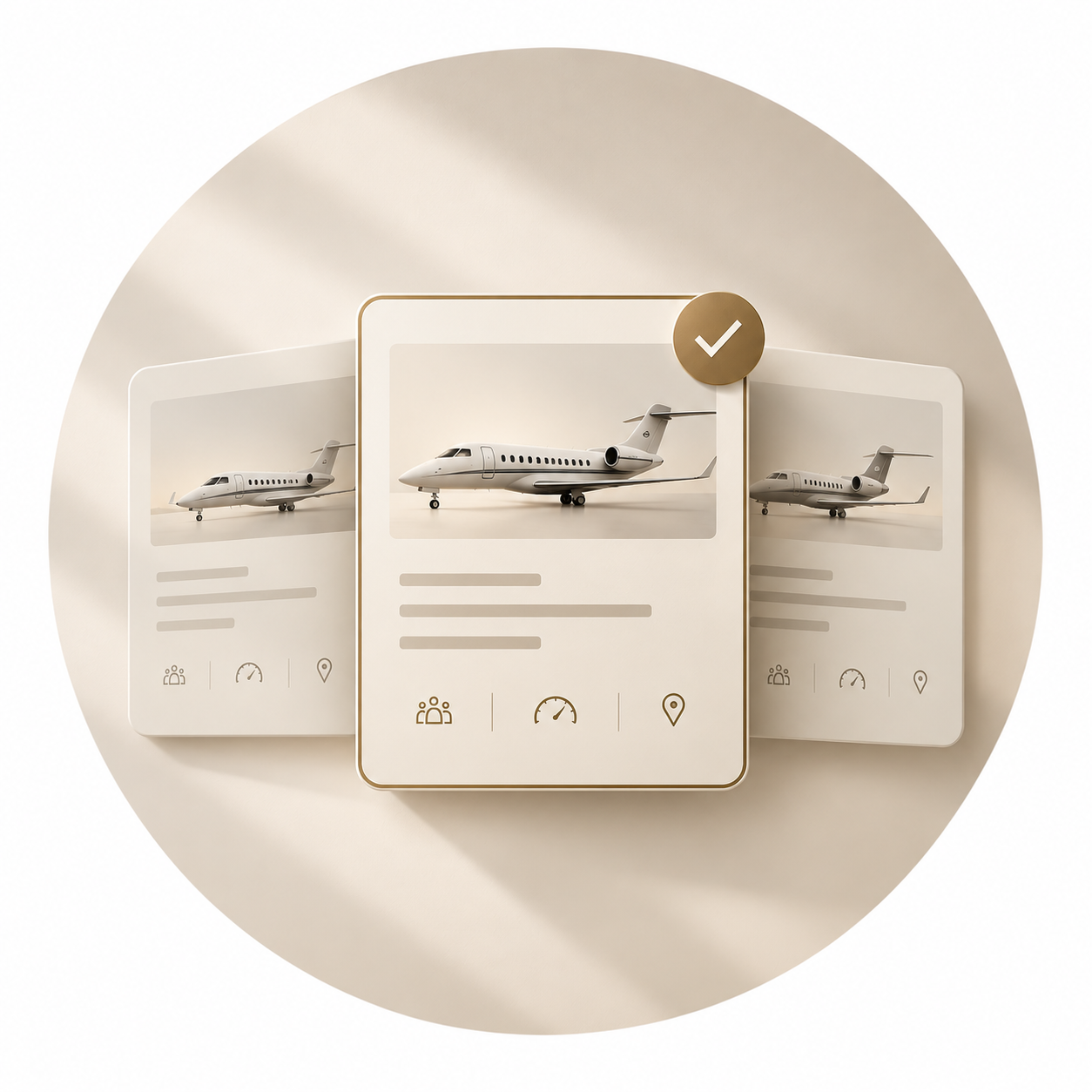 Digital mockup of airplane profiles on mobile screens with icons for group, speed, and location at the bottom, set in a neutral background.