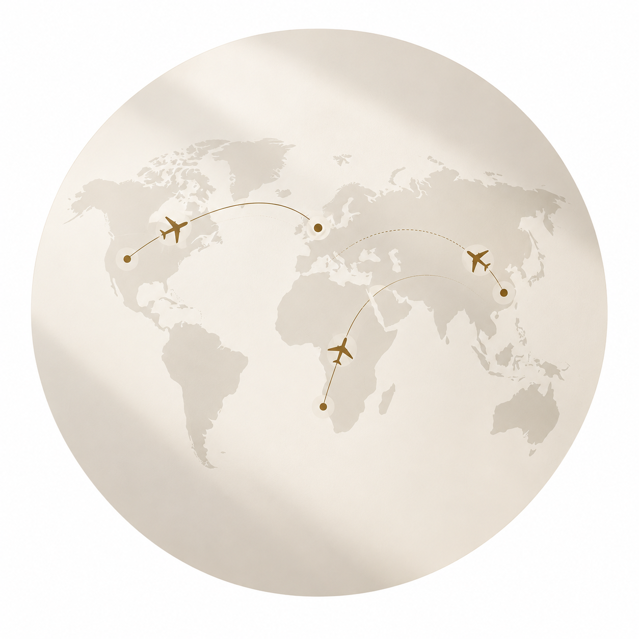 World map with three airplanes flying across North America, Europe, and Africa.