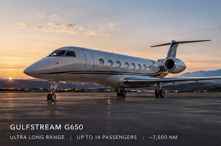 A Gulfstream G650 private jet parked on an airport tarmac at sunset, with mountains in the background.