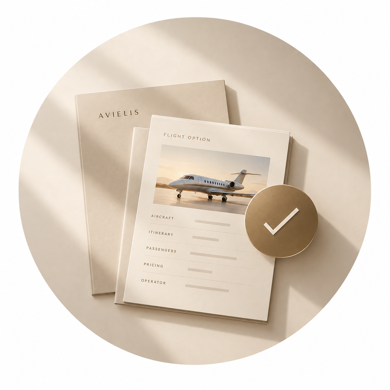 Travel documents with an airplane image, airline brochures, and a gold badge with a checkmark on a white surface.