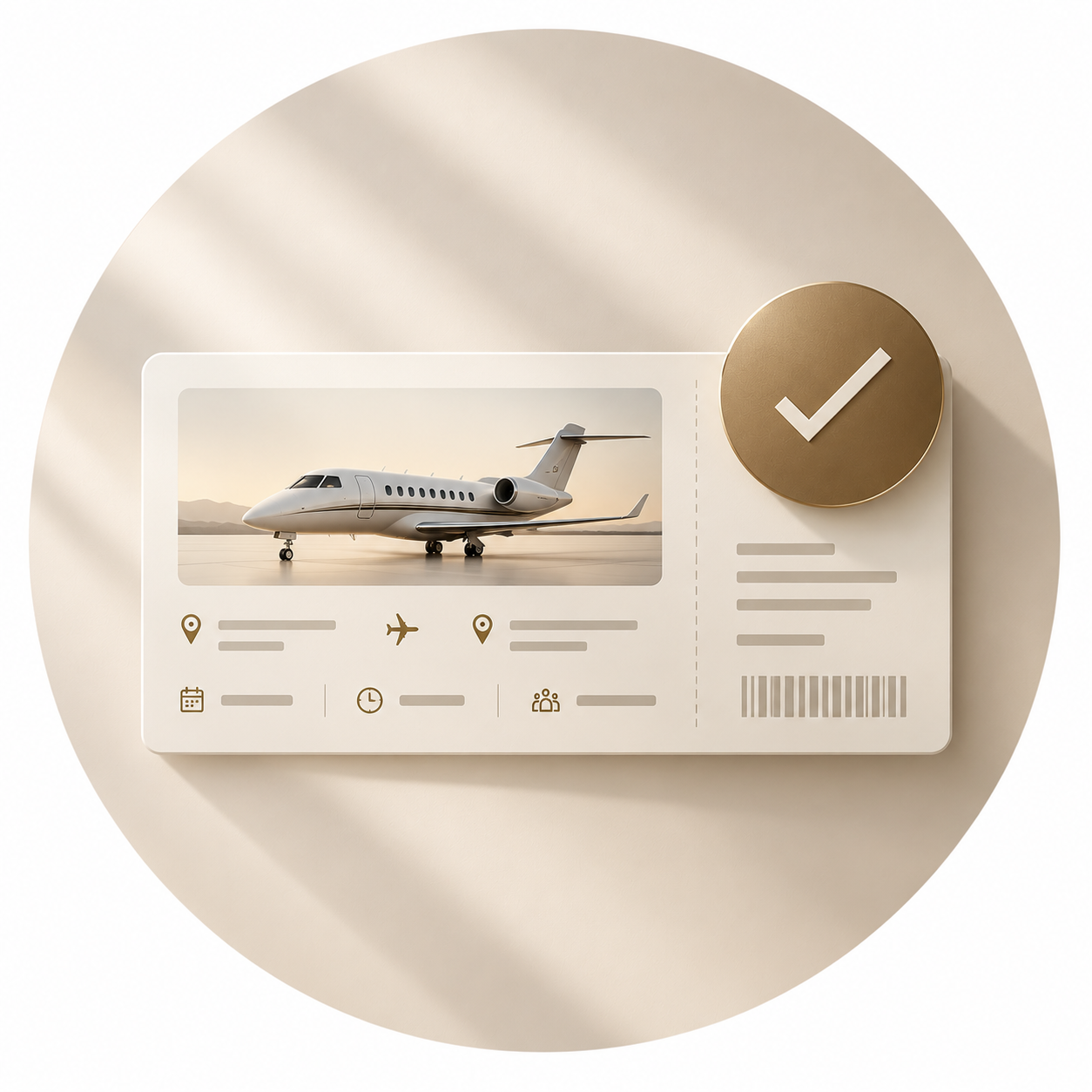 Close-up of an airplane ticket with airplane image, location icons, and a large checkmark on a gold circle, set against a soft beige background.
