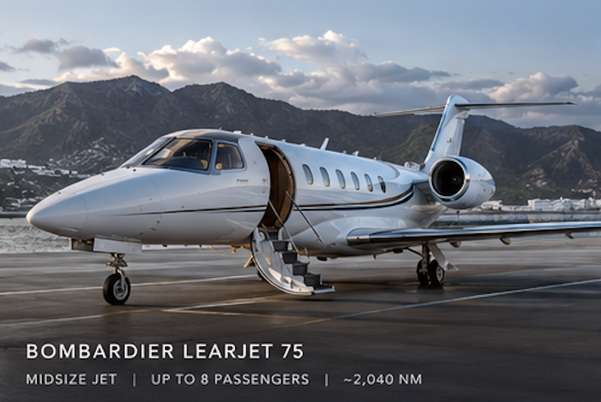 A white Bombardier Learjet 75 private jet parked on an airport tarmac with mountains and a partly cloudy sky in the background.
