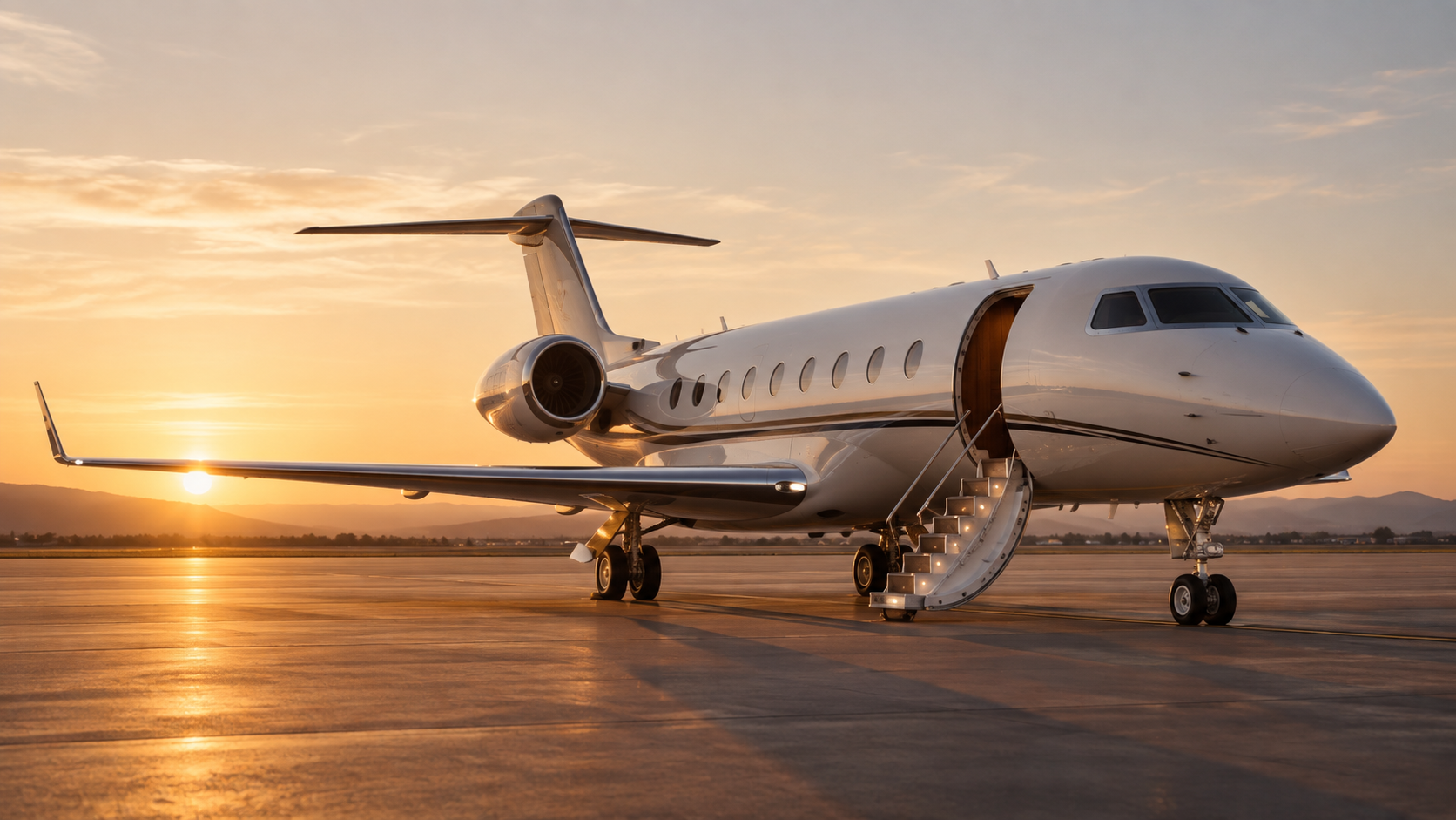 Private jet on runway at sunset, stairs leading to open door, distant mountains in background.