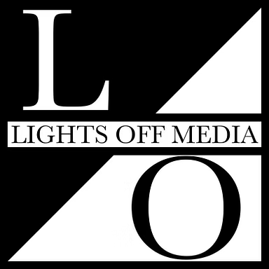 Logo for Lights Off Media with a black and white color scheme, featuring the words "Lights Off Media" and the initials "L" and "O".