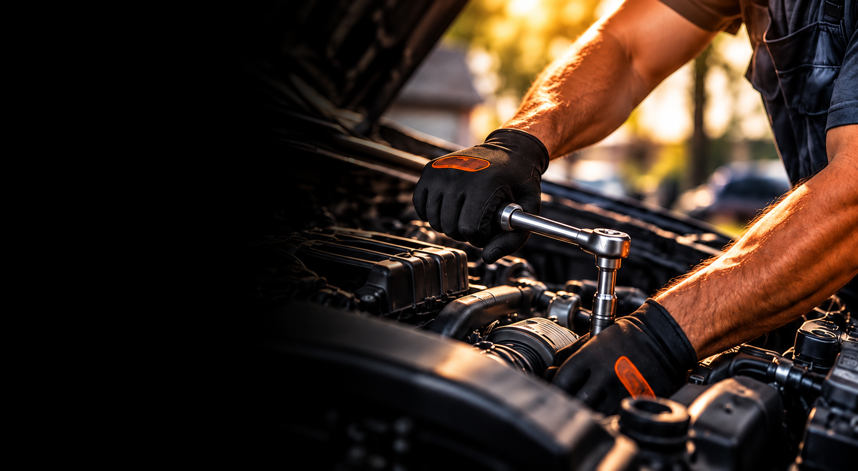 A person wearing black gloves is using a ratchet wrench to work on a car engine with the hood open, during sunset.