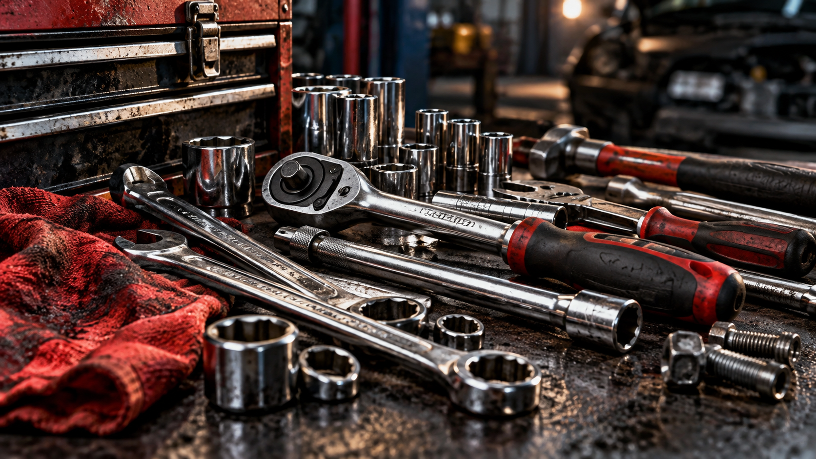 Tools including wrenches, sockets, screwdrivers, and bolts on a workbench in an auto repair shop.
