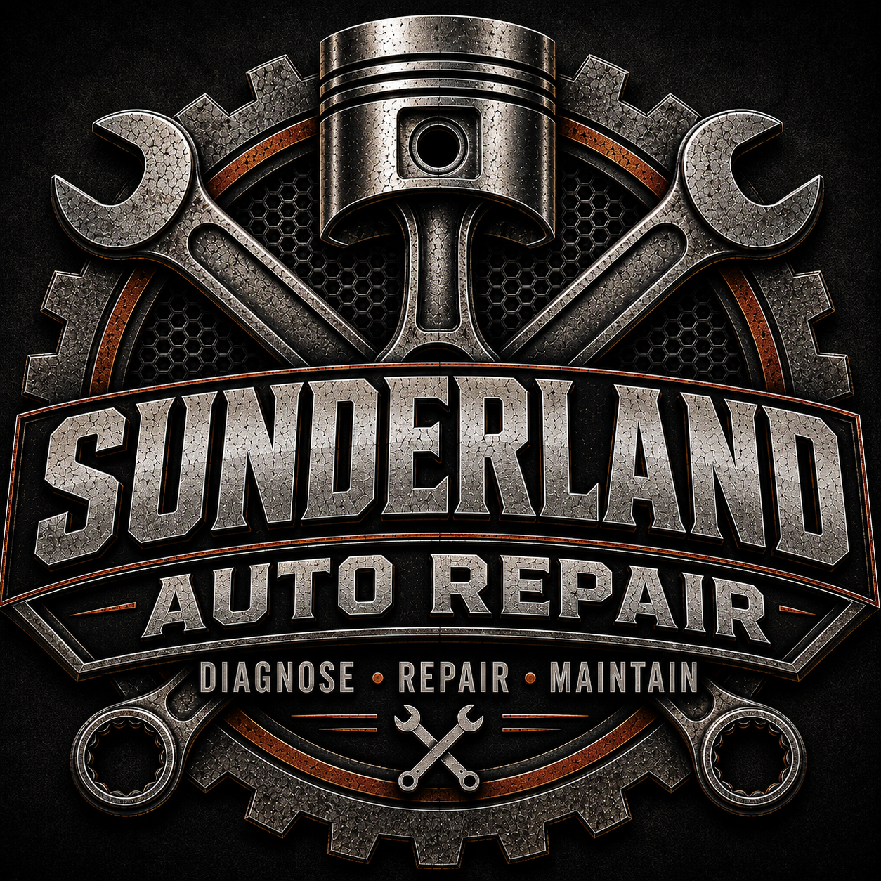 A logo for Sunderland Auto Repair featuring a piston, wrenches, screws, and gear elements, with text overlay reading 'Diagnose, Repair, Maintain.'