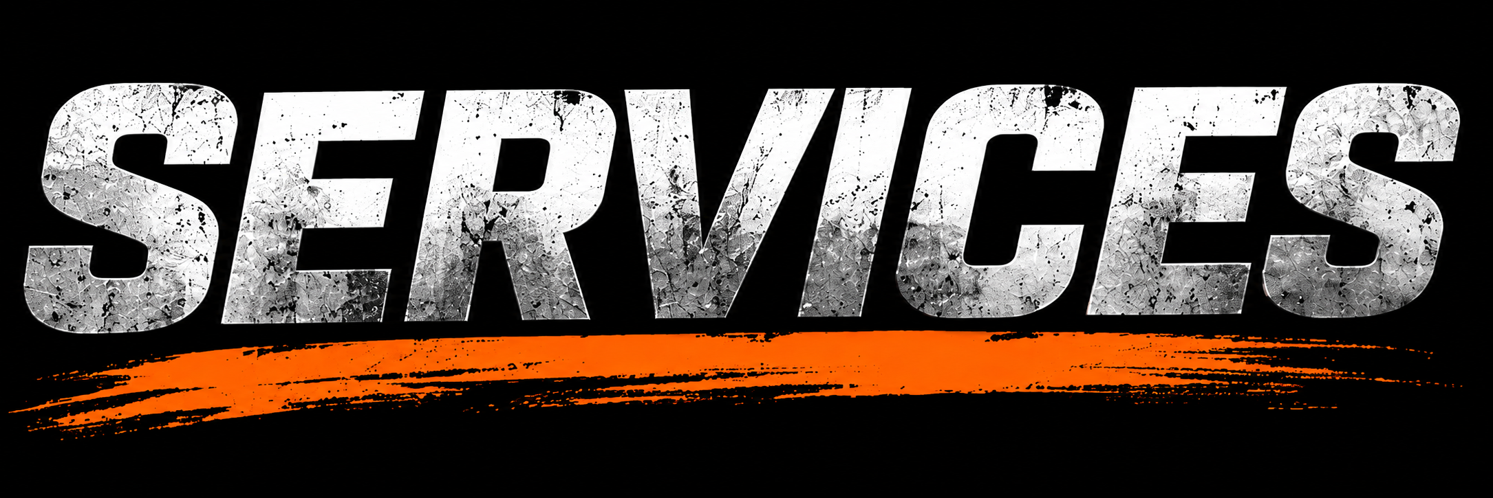 The word 'SERVICES' in large, metallic, distressed letters with an orange underline on a black background.