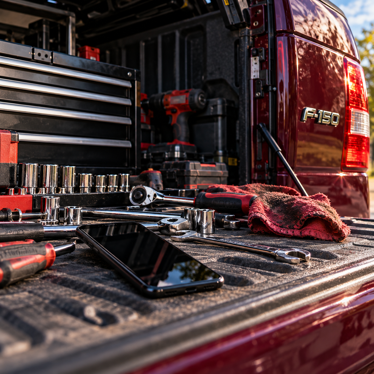 Tools including a cordless drill, sockets, and a wrench laid out on the tailgate of a red Ford F-150 pickup truck