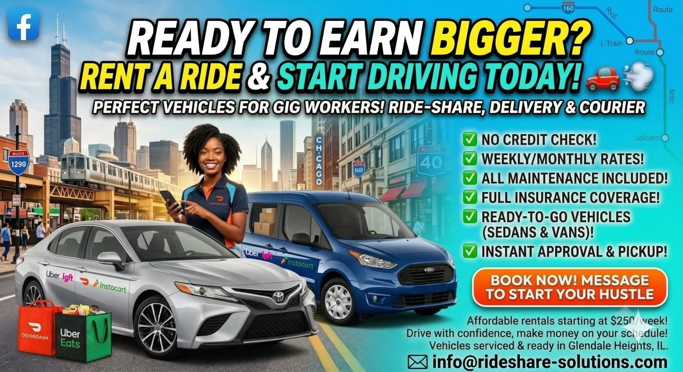 Rental car promotion in the chicagoland suburbs highlighting gig economy vehicles like Toyota, Ford, and green-labeled ride-share apps with a smiling woman using her phone.