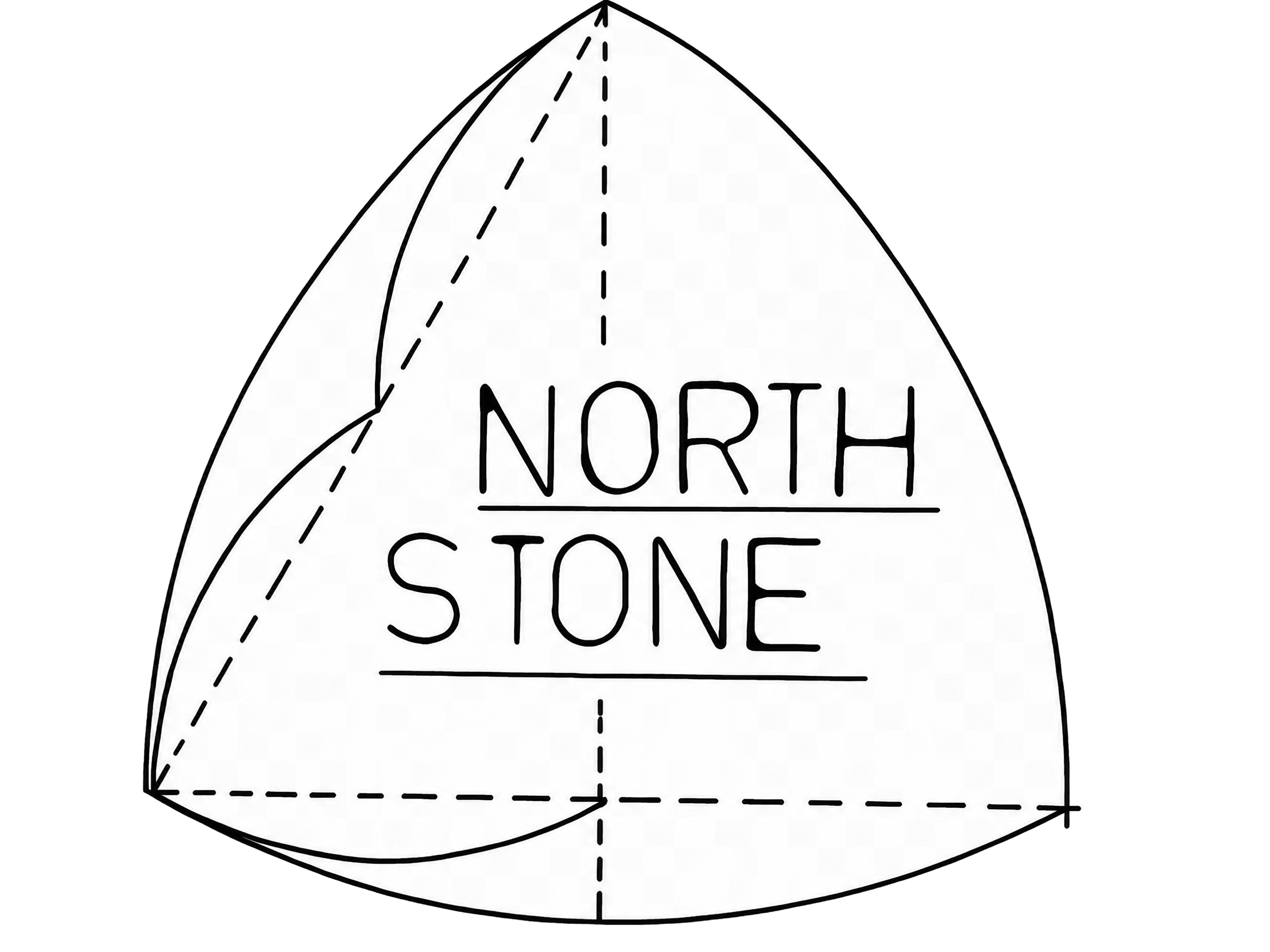 Black and white illustration of a 3D geometric cone with dashed lines indicating its shape and dimensions. The cone has the words 'NORTH STONE' written inside it.