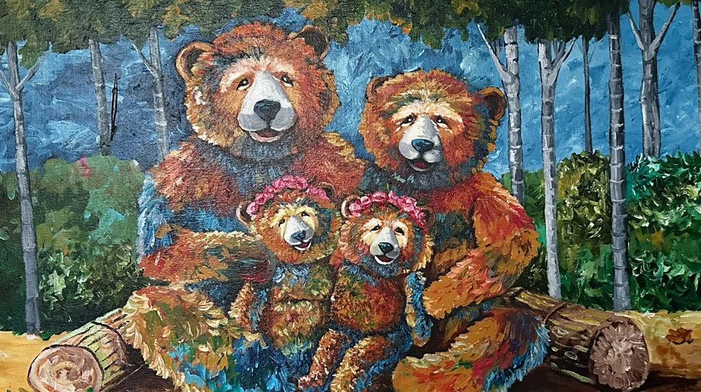Un grupo de cinco osos polares, con dos adultos y tres crías, sentados en un bosque con árboles altos y troncos caídos, en un estilo pintado vibrante y colorido.