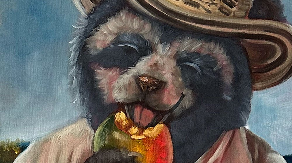 Un oso panda con sombrero y ropa, sosteniendo una fruta, en un estilo de pintura artística.