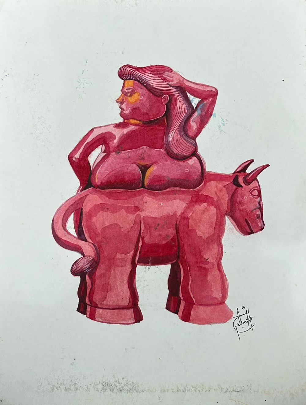 Mujer sobre un toro 21,5 x 28 cm (Inspo. esculturas de Fernando Botero)