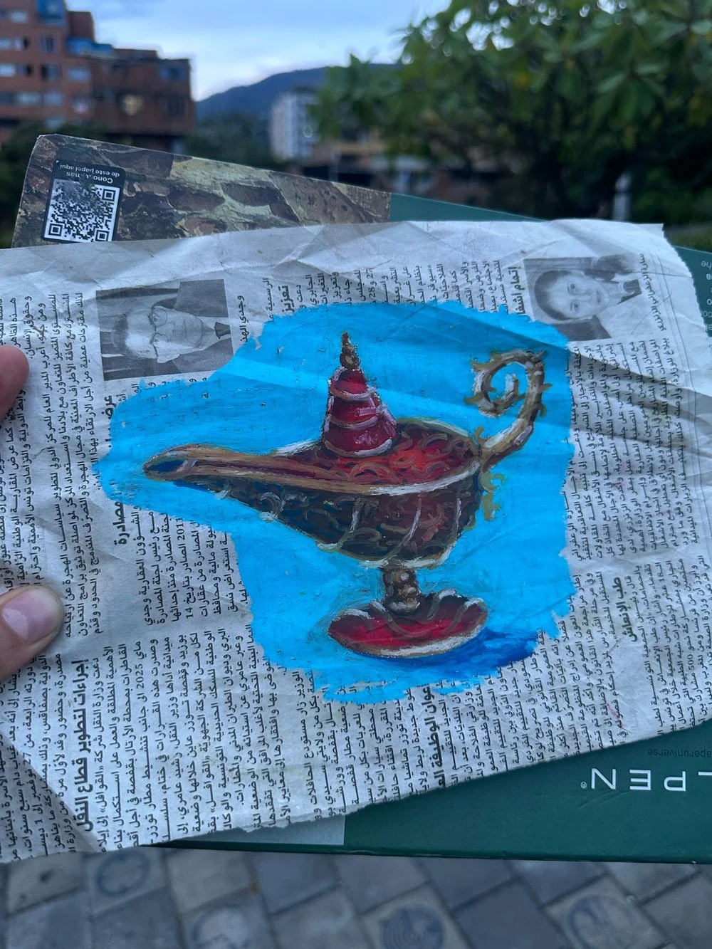Genio de la lampara (Óleo paste) sobre periódico que compré en un viaje a Túnez