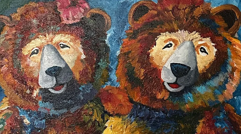 Una pintura de dos osos pardos con expresiones amigables, con los hocicos en color gris claro y el fondo en tonos azules y oscuros.