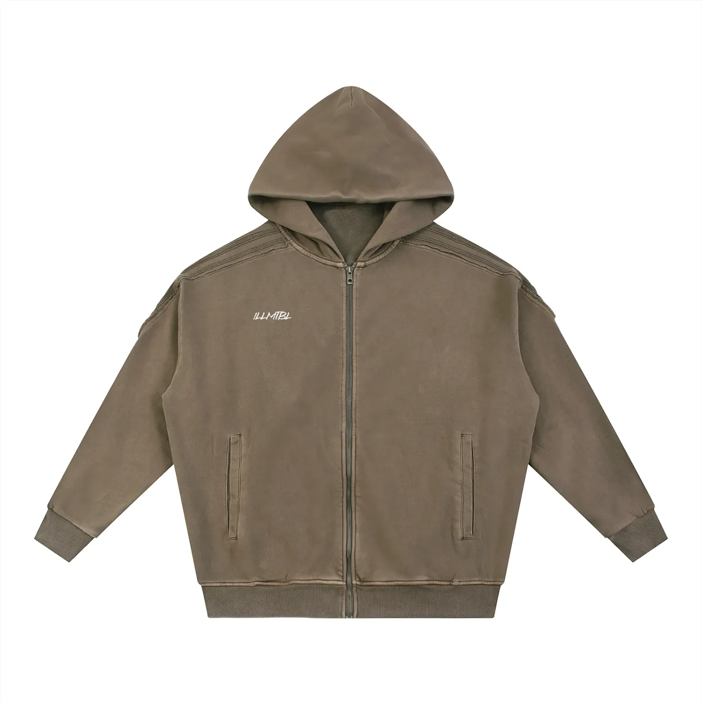 A brown hooded zip-up jacket with a small white logo on the left chest area that reads 'ILLMIBL'. The jacket has two front pockets and ribbed cuffs and hem, displayed against a plain white background.