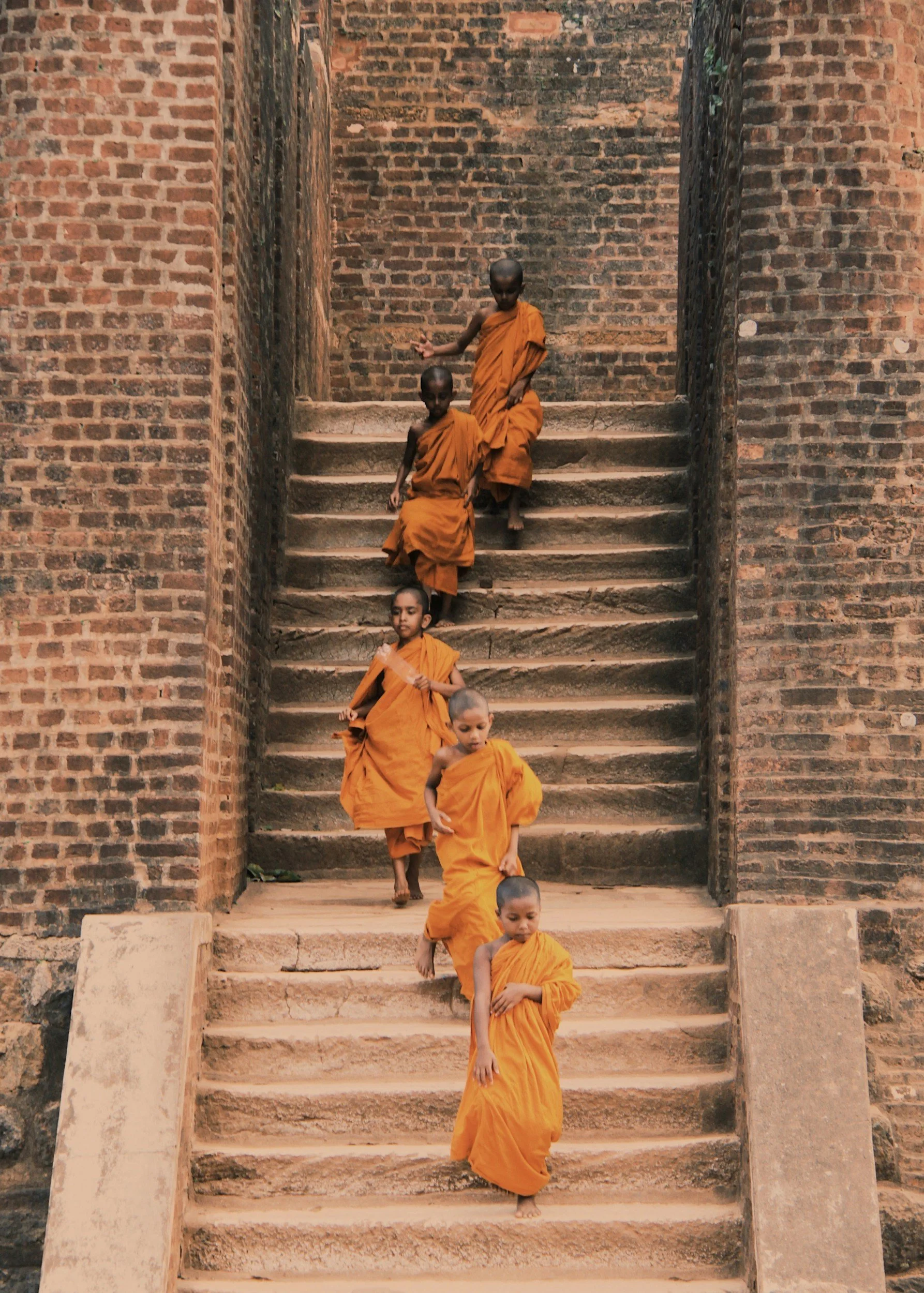 Grupo de monjes budistas jóvenes en Sri Lanka bajando las escaleras de un antiguo edificio de ladrillo.