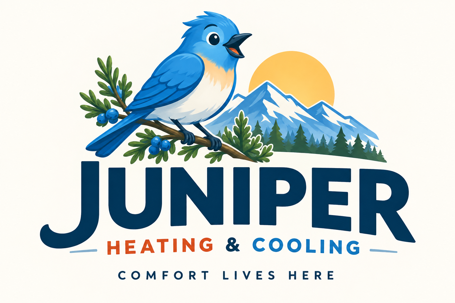 Juniper Heating & Cooling logo with bluebird, juniper branch, mountains and sun