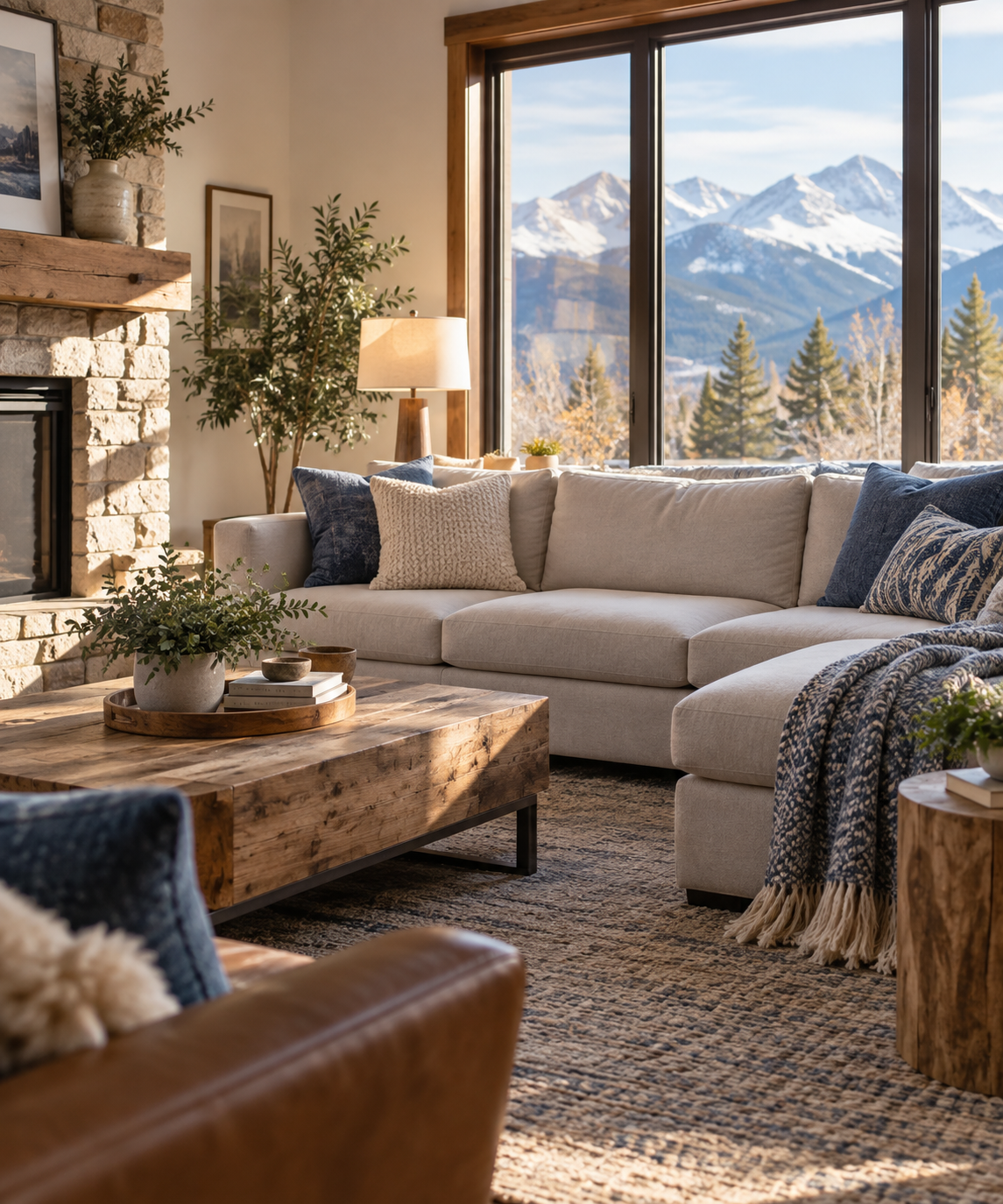 Sunlit comfortable living room with a sofa, blue pillows, and mountain view