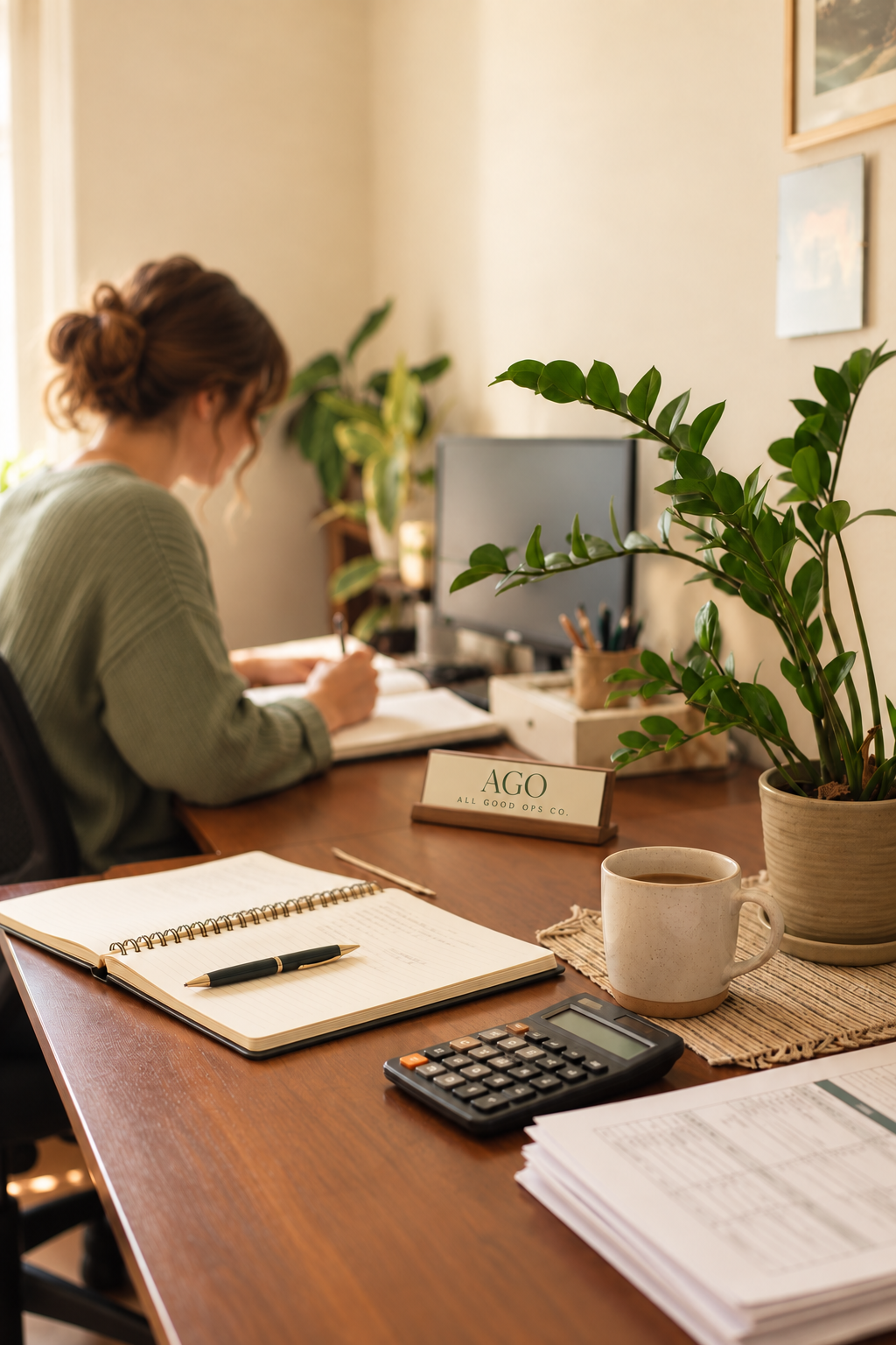 Woman writing in a notebook at a desk with office supplies and plants.