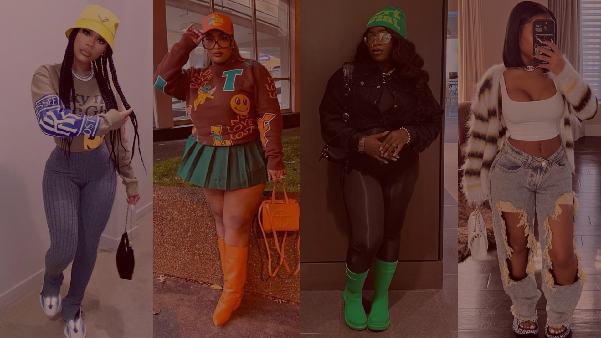 Four women dressed in vibrant, trendy outfits taking selfies and posing for photos indoors and outdoors.