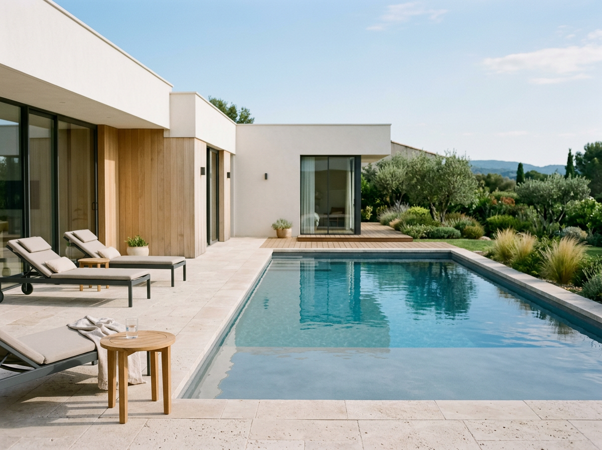 Modern house with a private pool, lounge chairs, and surrounding greenery under a clear sky.