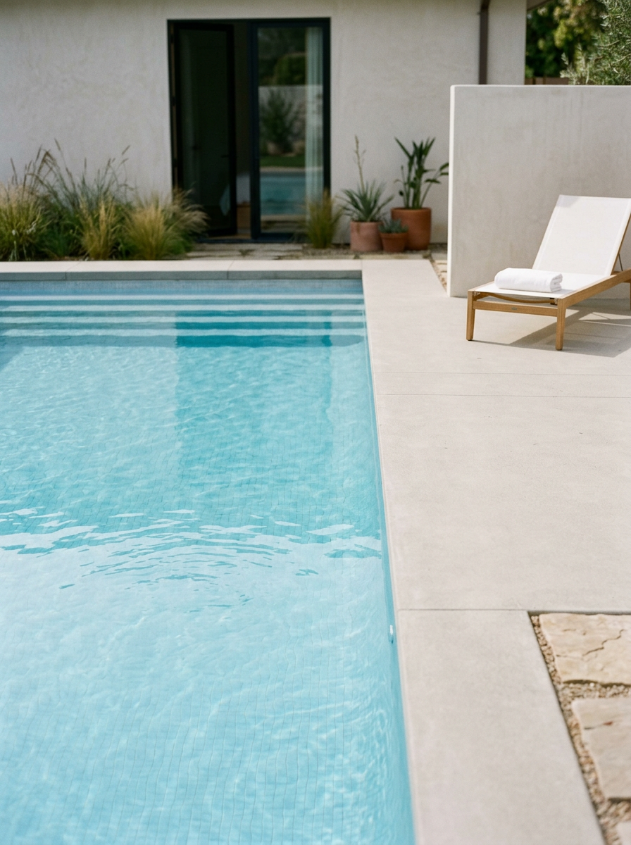 An outdoor swimming pool with clear blue water, a lounge chair with a white towel, potted plants, and a house with glass doors in the background.
