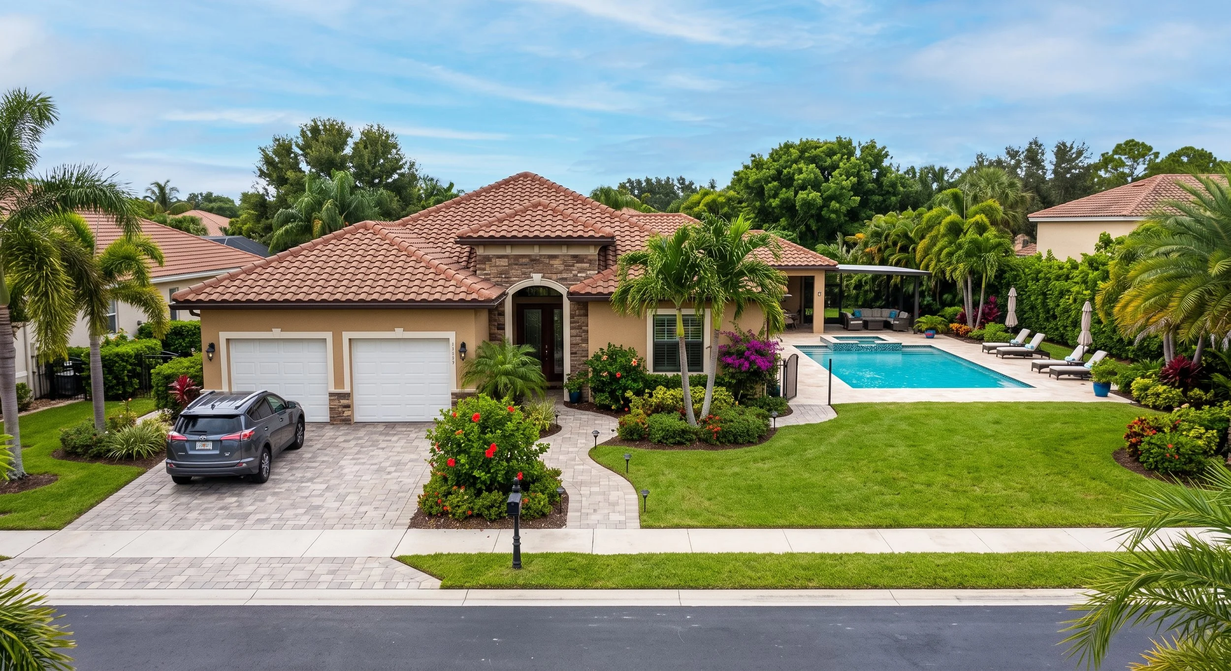 A residential house with a tiled roof, a driveway with a parked car, and a backyard featuring a swimming pool, lounge chairs, lush greenery, palm trees, and a sitting area under a shaded patio, all surrounded by vibrant flowers and landscaping.