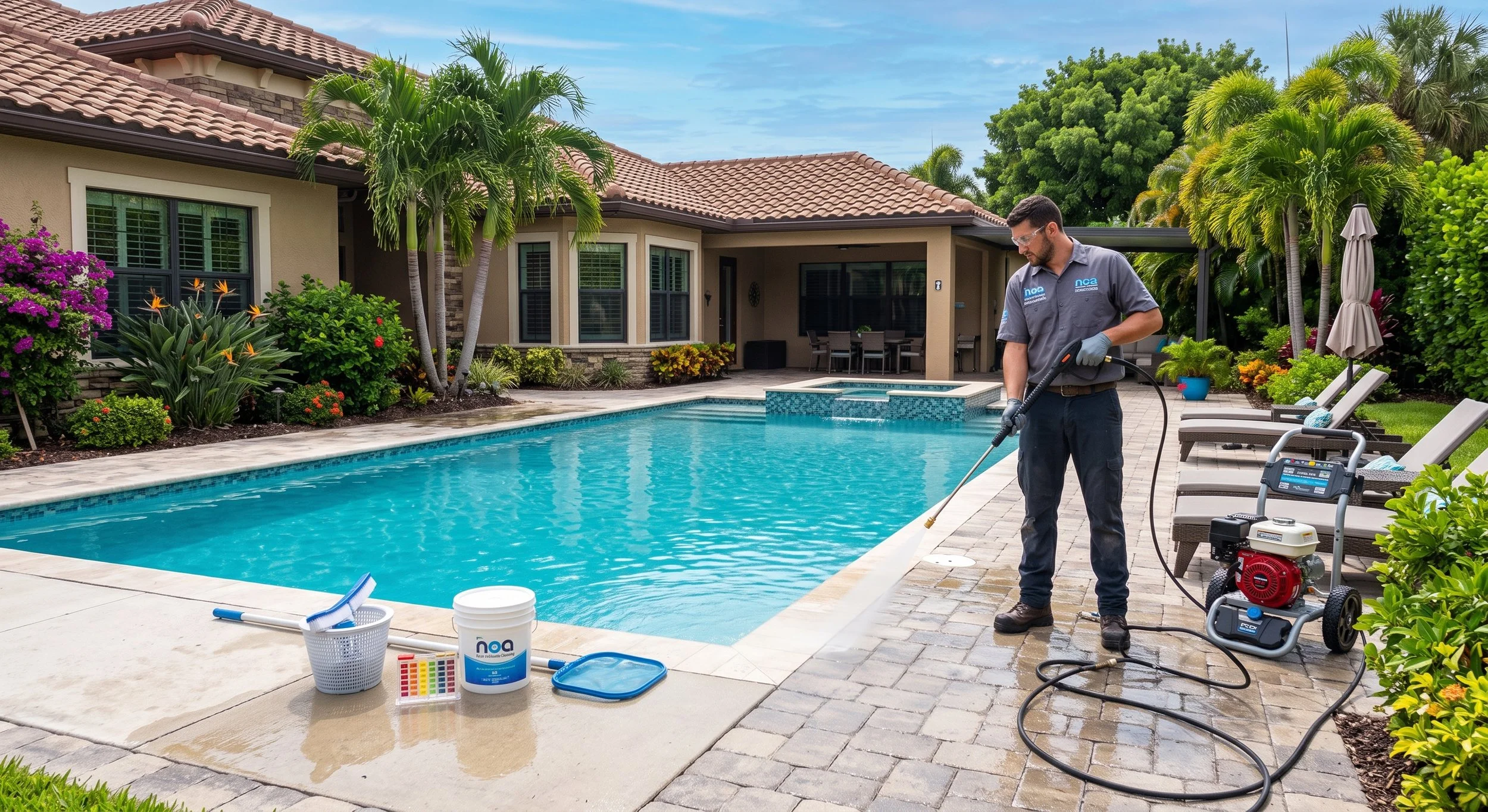 A pool technician cleaning a backyard swimming pool with a pressure washer. The pool is surrounded by a patio with lounging chairs, lush green palm trees, and vibrant flowering bushes. The house in the background has large windows and a red tiled roof.