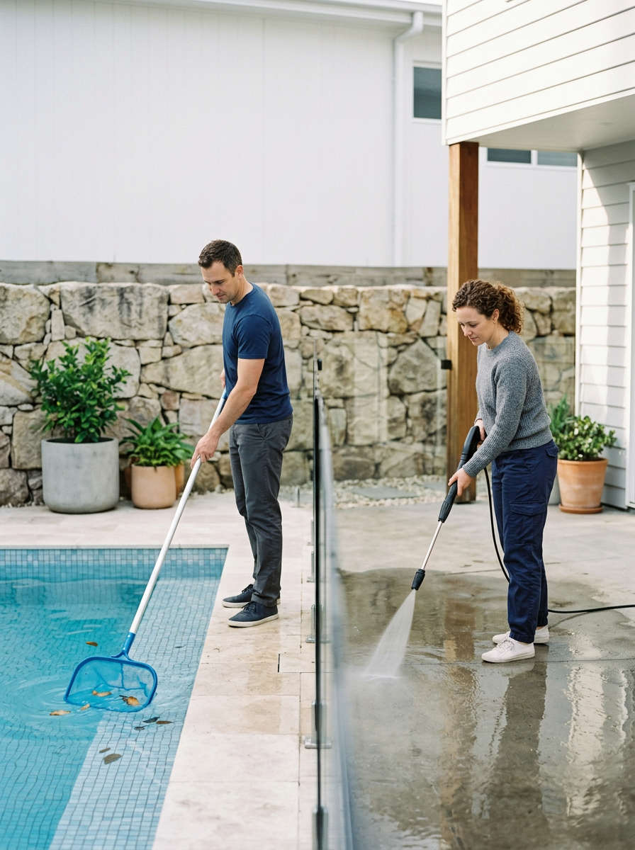 Comparison of a man and a woman cleaning a swimming pool; man is using a pool skimmer, woman is pressure washing the concrete surrounding the pool.