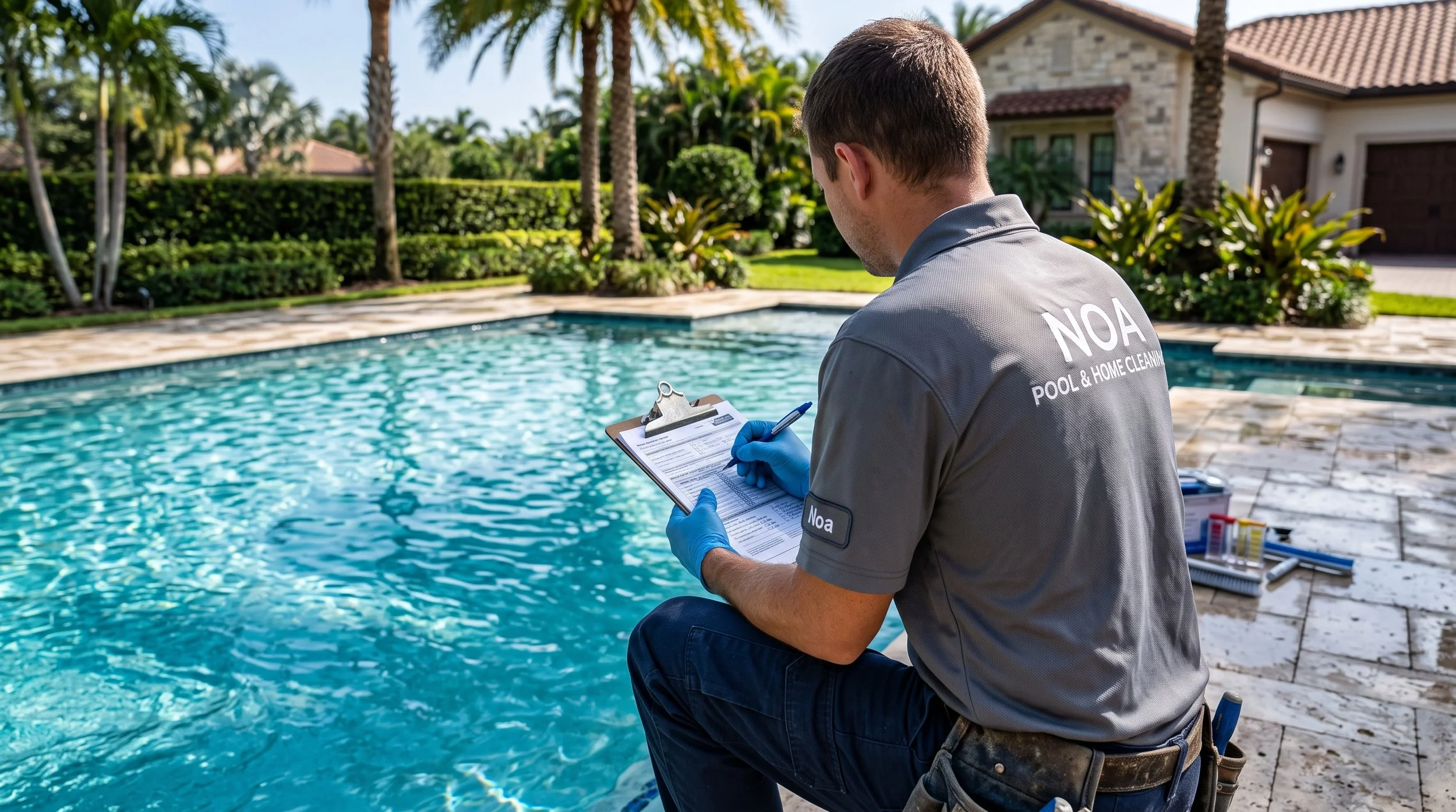 A person in a grey uniform with 'NOA' and 'POOL & HOME CLEANING' written on the back, wearing blue gloves and holding a clipboard, inspecting a backyard swimming pool on a sunny day.