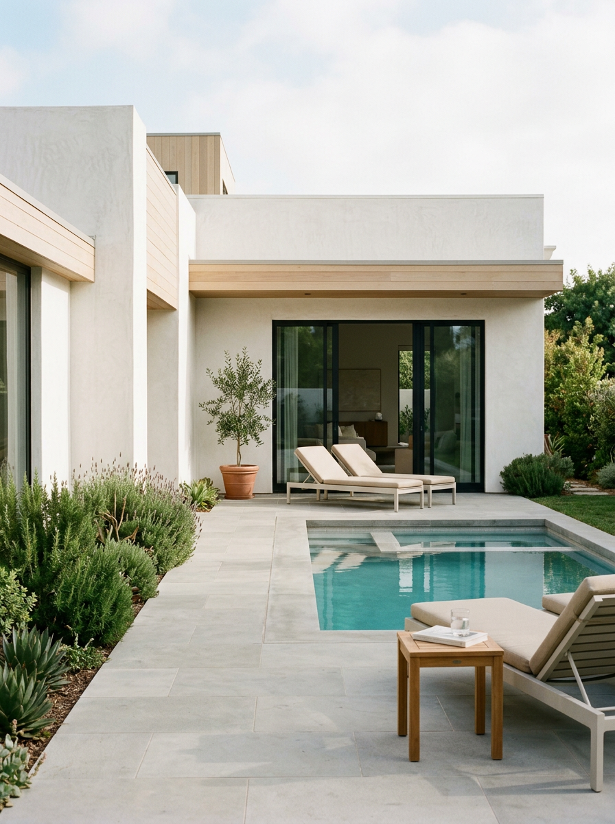 Modern house with a swimming pool, loungers, and green plants in a backyard patio.